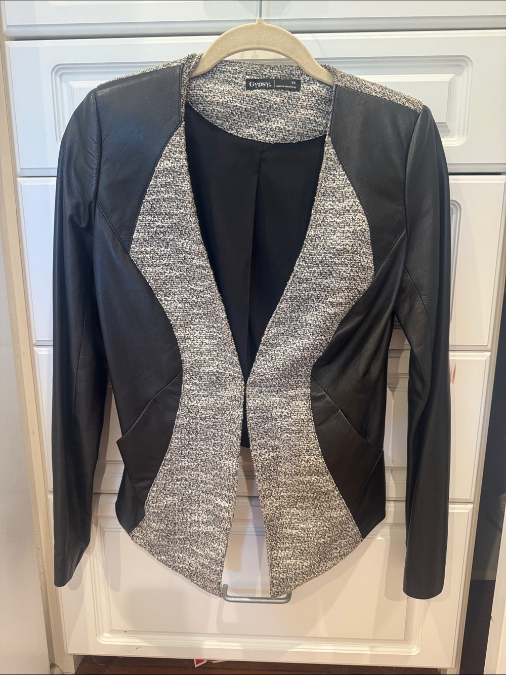 Gypsy 05 Black Faux Leather & Gray Tweed Open-Front Blazer